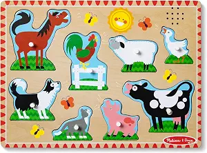 Melissa & Doug Farm Animals Sound Puzzle – 8-Piece Wooden Peg Puzzle